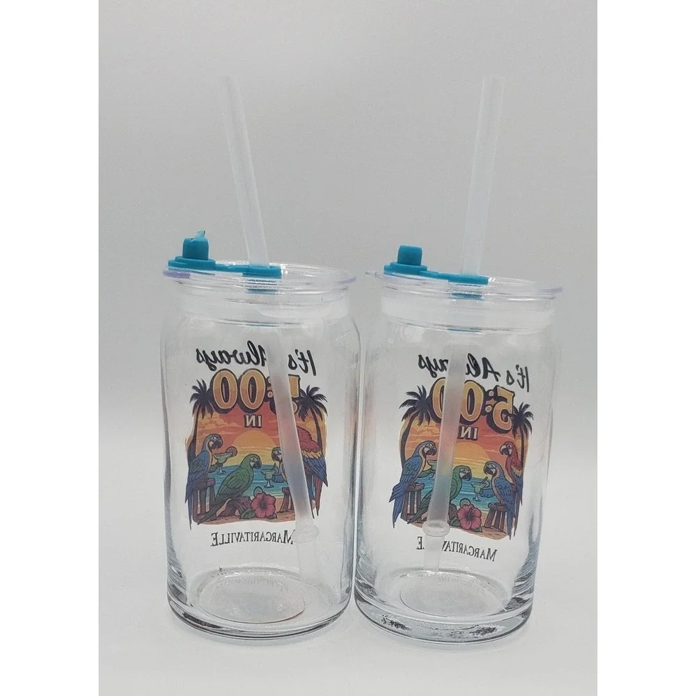 Margaritaville NEW Set of 2 Glass Sippers 16oz It's Always 5:00 Lids & Straws